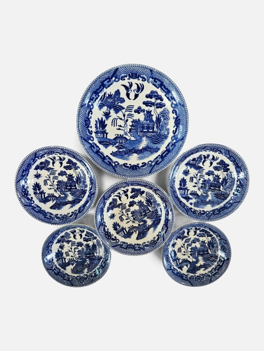 Vintage Antique Japan "Blue Willow" Porcelain Berry Sauce & Soup Bowls Set of 6